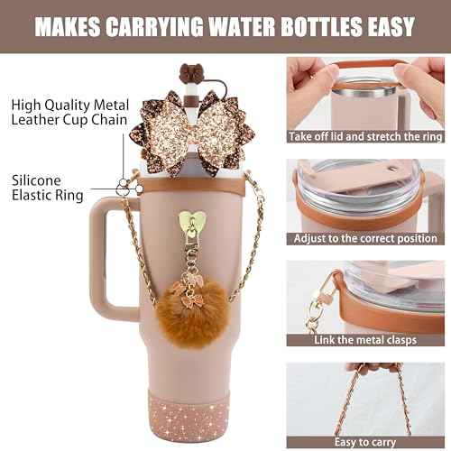Bling Stanley Cup Accessories for 40oz & 30oz Tumbler including Silicone Cute Bow Straw Topper Cover, Silicone Stanley Cup Boot,Leather Water Bottle Handle Strap, Charms(Brown)