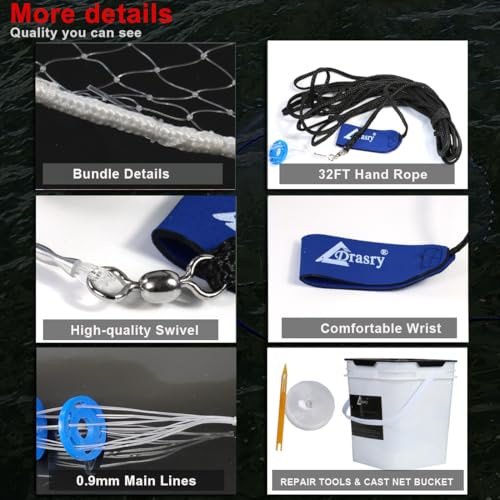 Saltwater Casting Net 3/8 Mesh with Heavy Duty Sinkers, 10Ft Radius, Hand-Rolled Monofilament