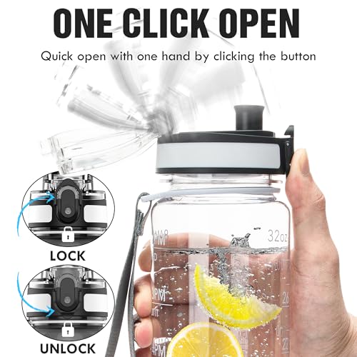 OLDLEY Water Bottle, 32oz Motivational Sports Water Bottle with Time Marker - Times to Drink - Tritan, BPA Free, Wide Mouth Leakproof, Clear (1 Bottle)
