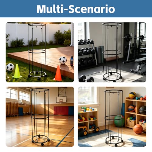 Heavy Duty Black Rolling Ball Storage Rack for Sports Equipment - Fits Basketball, Soccer, Volleyball, Football - Qevylentte