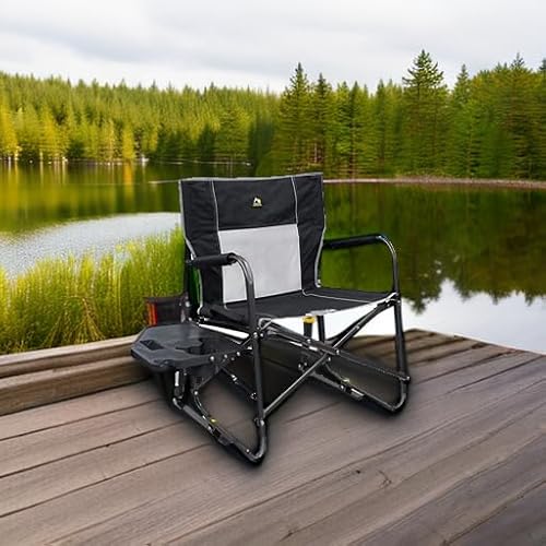 GCI Outdoor Freestyle Rocker XL with Side Table Camping Chair | Portable Folding Rocking Chair with Solid, Durable Armrests, Drink Holder & Comfortable Backrest ? Black