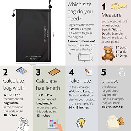 Travel Pouch Set of 5 Black 10 x 15 Inch Drawstring Bags with Clip