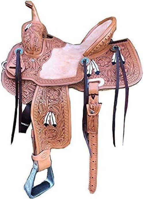 Classic Quality Premium Leather Comfort Western Hard Seat Barrel Racing Tooled Carved Trail Equestrian Handmade Horse Saddle Size 17 inches Seat Available.