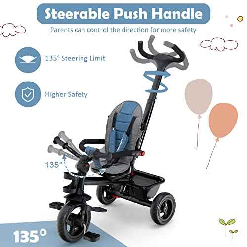 BABY JOY Tricycle, 5 in 1 Toddler Bike W/Removable Push Handle, Reversible Seat, EVA Wheel, Adjustable Canopy, Cup Holder & Storage, Ideal for Kids 1.5-5 Years Old, Tricycle for Toddler (Blue)