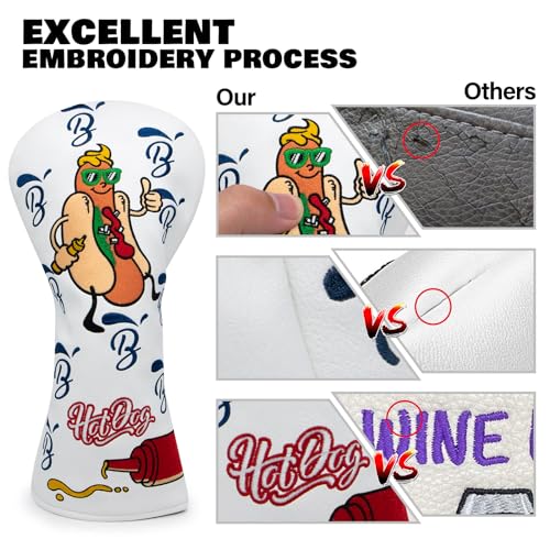 Hot Dog Golf Driver Cover for Hybrid/White - Leather Fairway & Wood Headcover with Number Tag