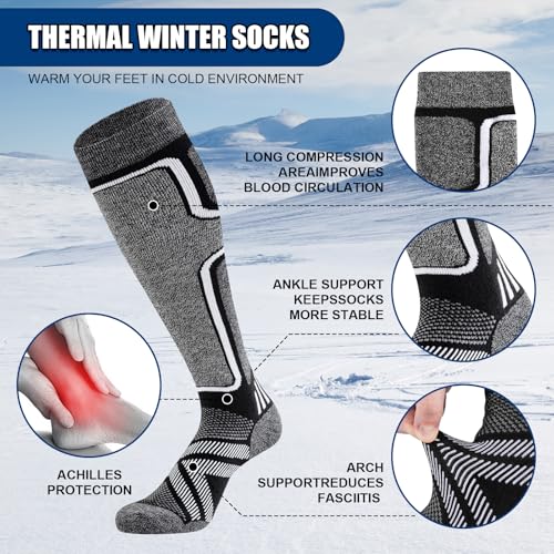 Merino Wool Ski Socks Women Men,2 Pairs Knee High Winter Warm Skiing Socks Performance Thermal Snowboarding Socks