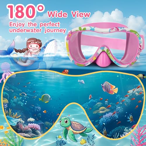 Kids Swim Goggles and Snorkel Mask Set - Pink & Flower | Diving Mask with Nose Cover & Elastic Straps