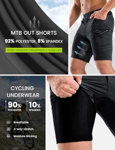 Nepest Men's Mountain Bike Shorts - Large, Black, 3D Padded, Quick Dry with Zip Pockets