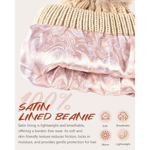 MSDC Satin Lined Beanie for Women with Pom Pom, Warm Womens Winter Hats with Silk Lined, Fashionable Knit Beanie Skull Cap