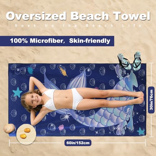 Dark Purple Mermaid Beach Towel Set 4 Pack 30x60in Microfiber Sand-Free Swim Towels