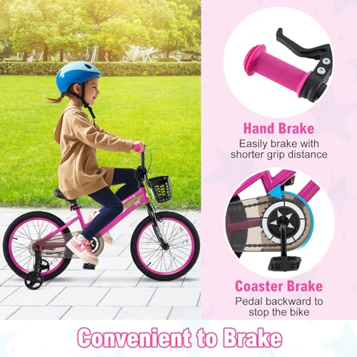 BABY JOY Starry Kids Bike, 12 14 16 18 Inch Bicycle with Training Wheels, Storage Basket, Adjustable Handlebar & Seat, Handbrake & Coaster Brake, Girls Boys Bike (18 Inches, Kickstand, Pink)