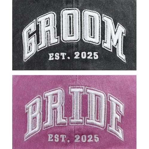 2PCS Bride and Groom Est 2025 Hats for Men Women, Funny Adjustable Embroidered Newlyweds Couples Baseball Cap