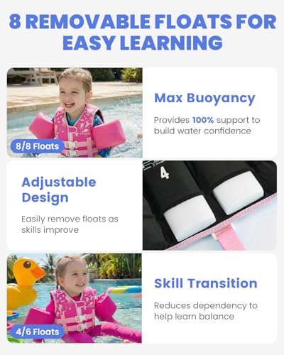 Toddler Swim Vest with Removable Buoyancy Blocks - Pink Sea Animals, Size S (Chest Up to 19.7 in)