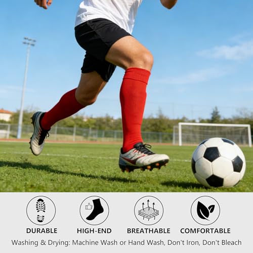 Unisex Soccer Knee-High Sports Socks - Solid Team Football Socks, Medium, Red, 2 Pairs