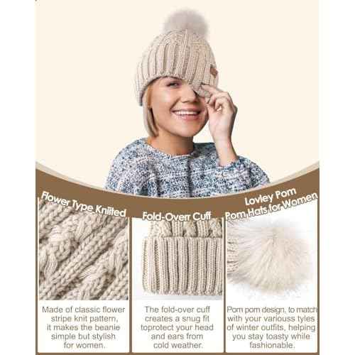Winuesa Satin Lined Beanie for Women with Pom Pom, Fashionable Womens Winter Hats Silk Beanies, Cute Warm Knit Hat Skull Cap