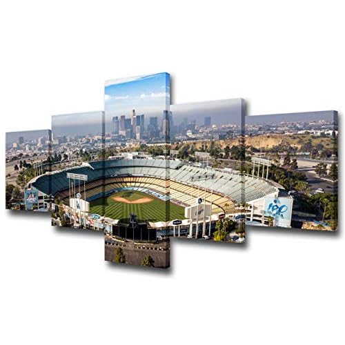 Los Angeles, California - The Famous Dodger Stadium with Downtown LA in the Background Pictures for Living Room 5 Piece Canvas Wall Art Modern Artwork Home Decor Stretched Ready to Hang - 50''Wx24''H