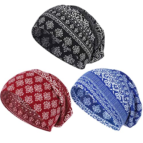 Bohemian Beanie Hat with Cashew Flower Style - Stretchy Non-Slip Headwear for Women and Men