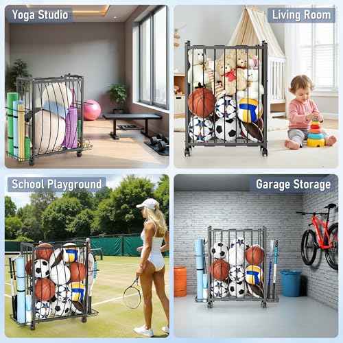 Sports Equipment Organizer Rolling Ball Storage Cart Garage Toy Storage Ball Holder Garage Organizer Sport Rack with Side Bracket for Basketball,Football, Garage, Gym