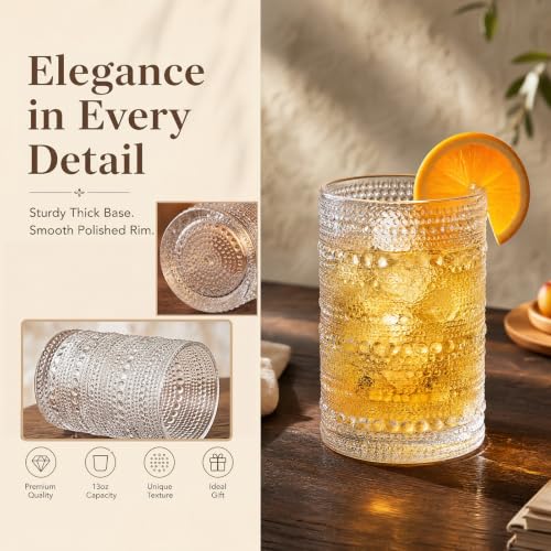 Set of 6 Vintage Hobnail Drinking Glasses - 13 oz Clear Embossed Tumblers for Beverages