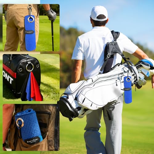Golf Towel Set with Carabiner Clips - 3 Pack Microfiber Towels, 16x16 Inches, Black Red Blue