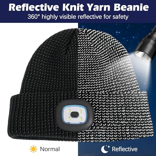 Babalet Beanie Hat with Light, Rechargeable LED Reflective Knitted Headlamp Caps, Warm Winter Gifts for Men Women