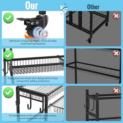 WUC Sports Equipment Garage Organizer - Garage Ball Storage Rack with Basket, Hooks and Rolling Cart for Sports Gear and Toy Storage, Black