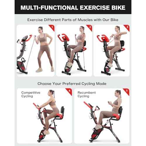 pooboo Folding Exercise Bike, Foldable Upright Stationary Bike, Indoor Cycling Magnetic X-Bike with 8-Level Adjustable Resistance, 6.6 LBS Flywheel, 300LB Capacity, Bottle Holder & Back Support Cushion for Home Gym