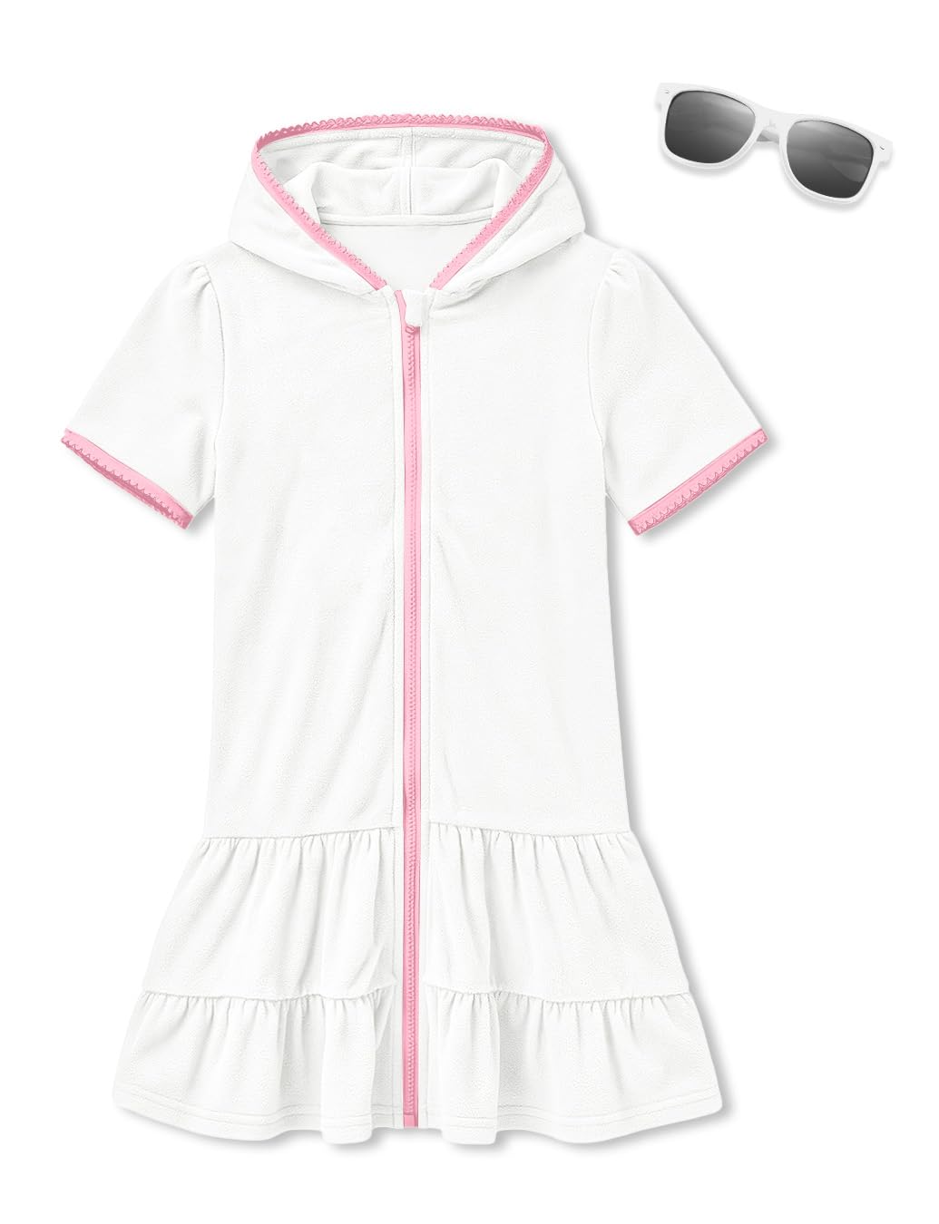 Little Girls Full Zip Ruffle Hem Short Sleeve Bathrobe with Pockets Solid Pink Beach Terry Swim Cover Up 9-10 Years