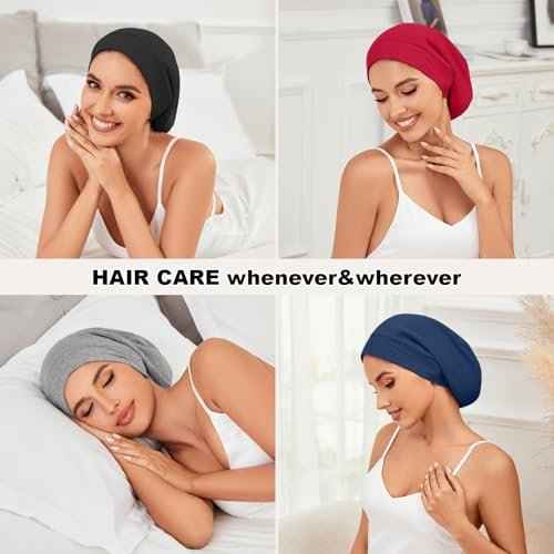 4Pcs Silk Satin Bonnets for Women Men, Adjustable Hair Wrap Slouchy Beanie Hat for Curly Hair