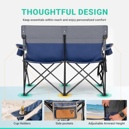 Overmont Double Camping Chair - Blue Loveseat with Cup Holders, Foldable & Heavy Duty