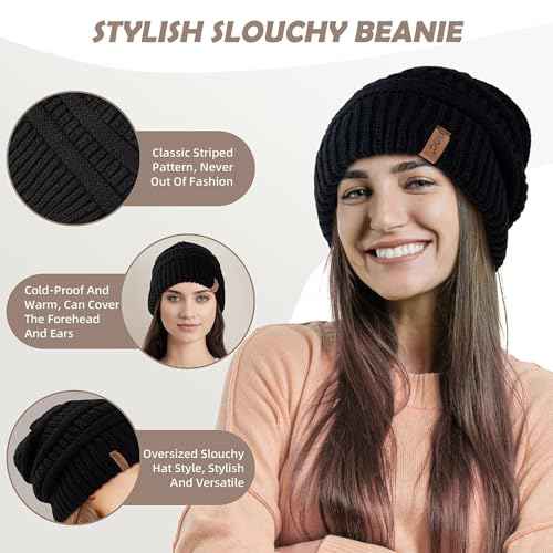 3 Pack Satin Lined Beanie for Women, Warm Slouchy Winter Hats with Silk Lined, Fashionable Oversized Cable Knit Hat Skull Cap