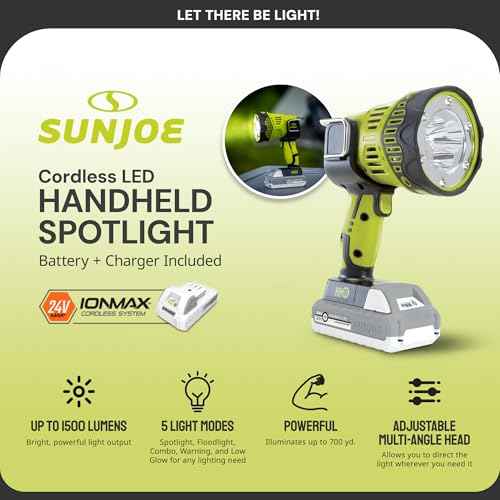 Sun Joe 24V-1500FL-LTE-P1 24V IONMAX Cordless 1500-Max Lumen LED Handheld Flashlight/Spotlight/Floodlight, 700-Yard Illumination, 90-Degree Pivot Head, Belt Hook, w/ 2.0-Ah Battery and Charger