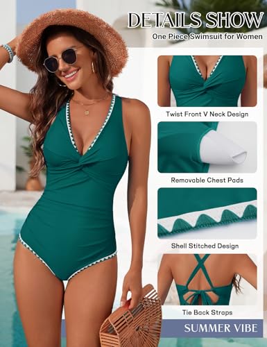 Women’s One Piece Swimsuit V Neck Ruched Tummy Control X-Large Teal