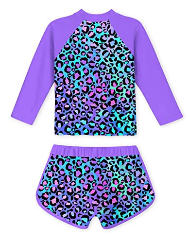 Girls 2-Piece Rash Guard Swimsuit Long Sleeve Tankini for 4-10Y - Leopard Purple, 6-7 Years