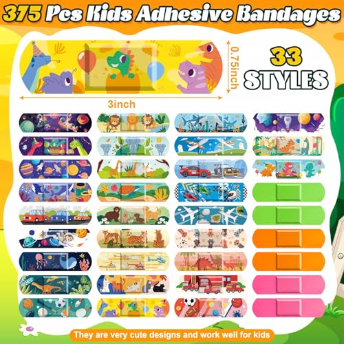 Kids Bandages 375 Pcs Colorful Cartoon Variety Pack - Toddler & Child Adhesive Strips