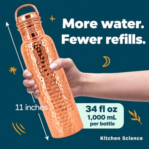 Pure Hammered Copper Water Bottle 34 oz with Handle & Canvas Sleeve