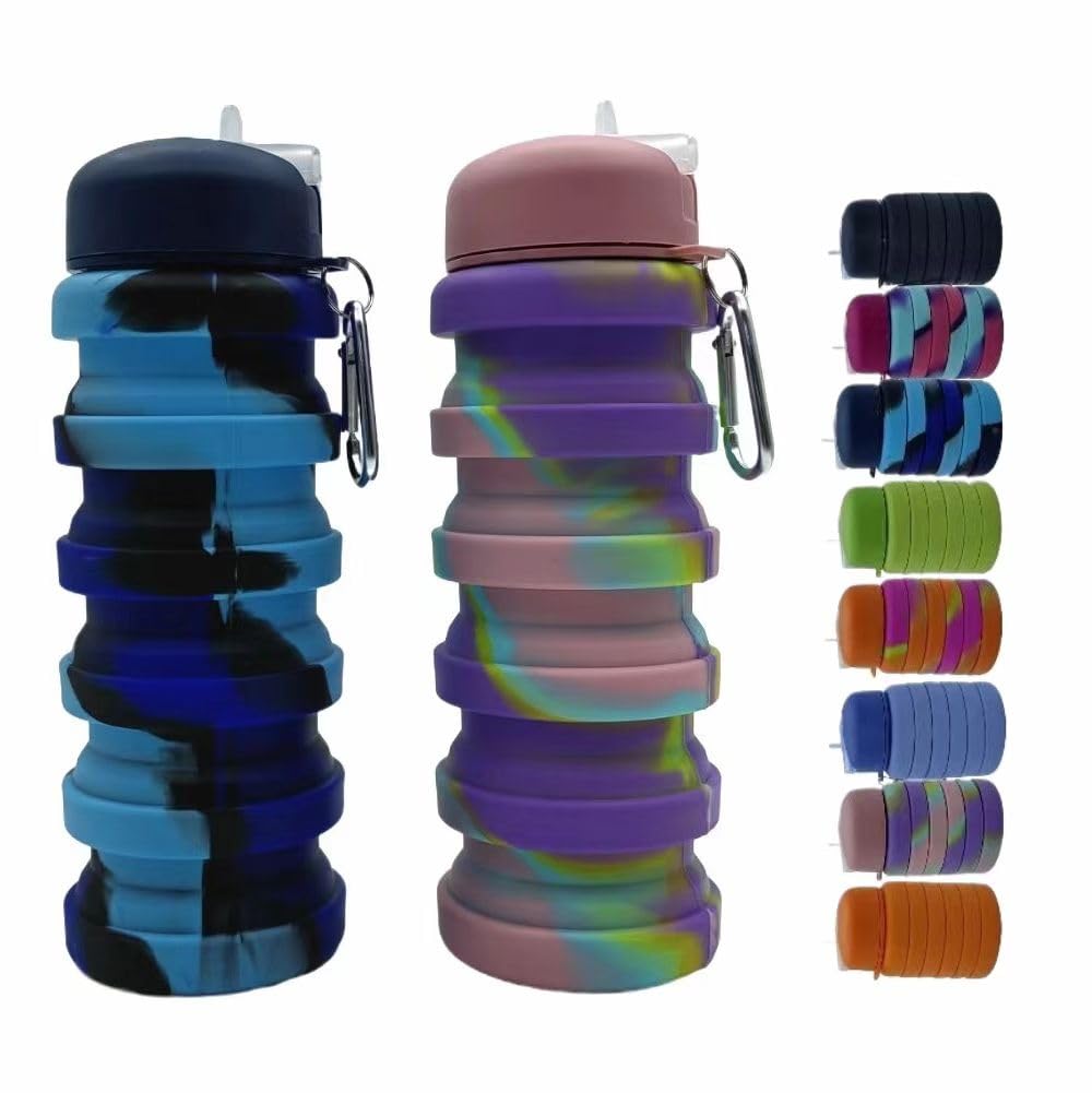 Dontinhu Collapsible Water Bottles 2 Pack 16oz(about 500ml), Travel Portable Sport Water Bottle, Silicone Foldable Water Bottles for Gym Camping Outdoor Hiking. (Blue Camouflage+Pink Camouflage)