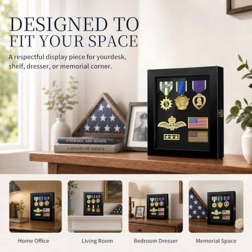 8 x 10 Solid Wood Lapel Pin Display Case with UV Protected Glass for Military Medals & Badges