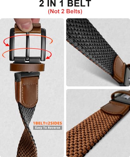 Men's Reversible Stretch Braided Web Belt 1 3/8 Inch with Gift Box, Black & Light Brown, Adjustable Waist 32-36