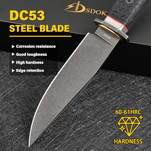 DC53 Steel Fixed Blade Hunting Knife with Sheath - Tactical Outdoor Survival Knife, Black Stone Wash