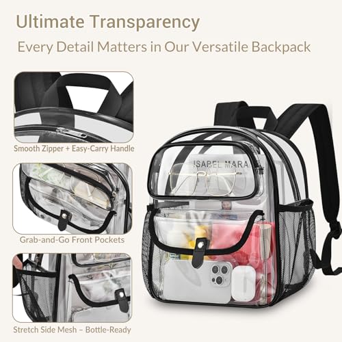Clear Stadium Backpack with Multi-Pocket & Wide Straps - Black