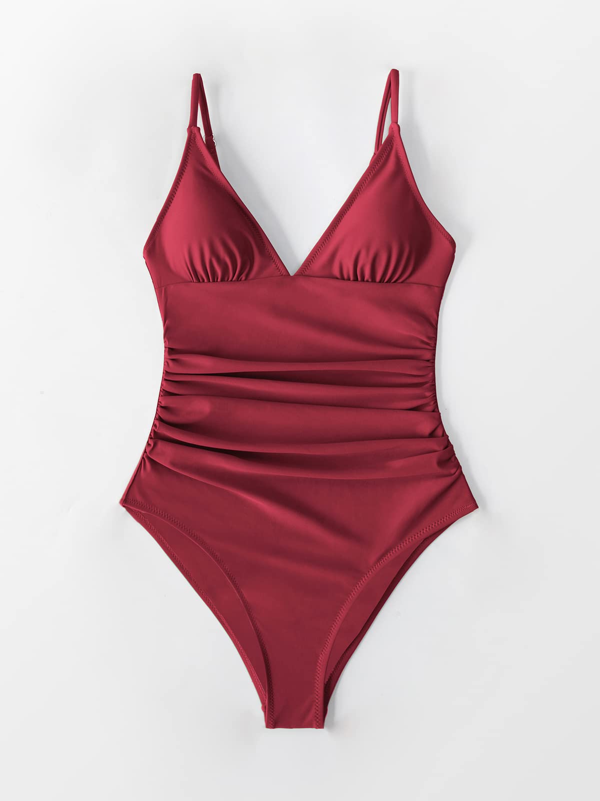 CUPSHE Women's One Piece Swimsuit Shirring Design V Neck Low Back Bathing Suit, Burgundy, S