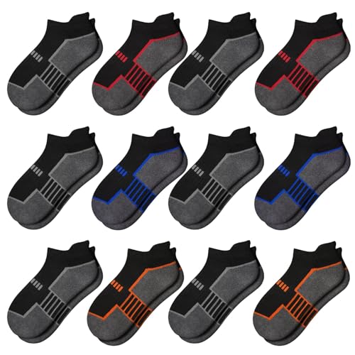 Kids Ankle Socks 12 Pairs - Black, 7-10 Years Old, Low Cut Athletic Socks