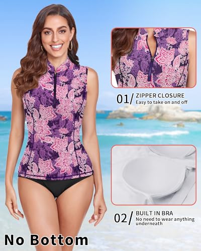 Women Rash Guard Tankini Swim Shirt with Zipper and Built-in Bra - Purple Floral, Medium