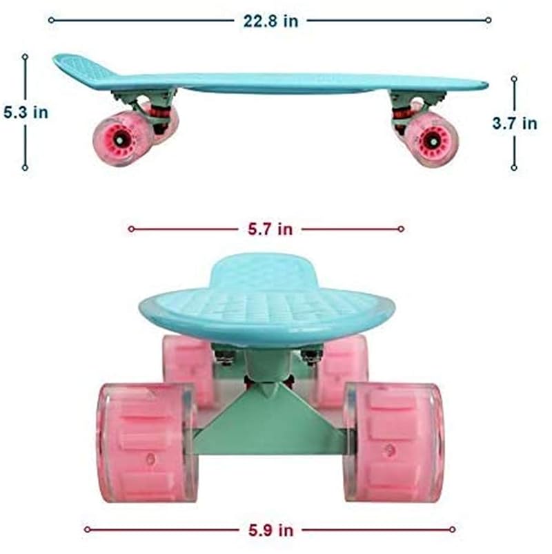 Light Blue 22in Mini Cruiser Skateboard for Kids Teens – LED Wheel Light Up Board with Carrying Bag