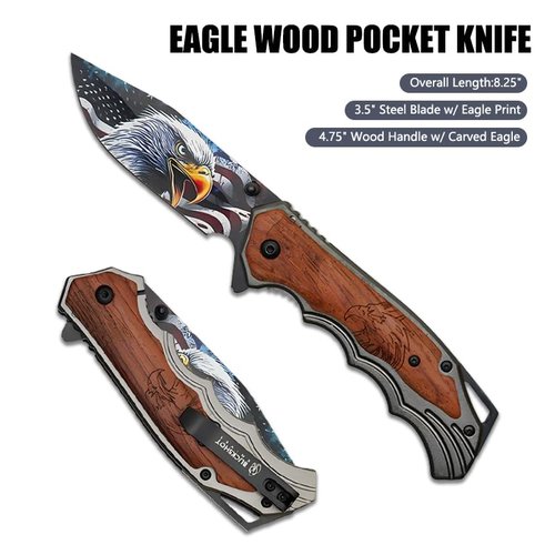 Eagle Wood Pocket Knife - Tactical Folding Knife with 3.5" Steel Blade featuring Eagle Print - Overall Length 8.25" - 440 Stainless Steel - Ideal EDC Gear