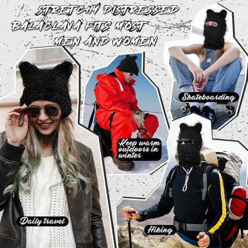Newcotte Black Distressed Balaclava Ski Mask with Cat Ear Knitted Beanie Y2k Full Face Mask Furry Cap Windproof Winter Hat Neck Warmer for Men Women
