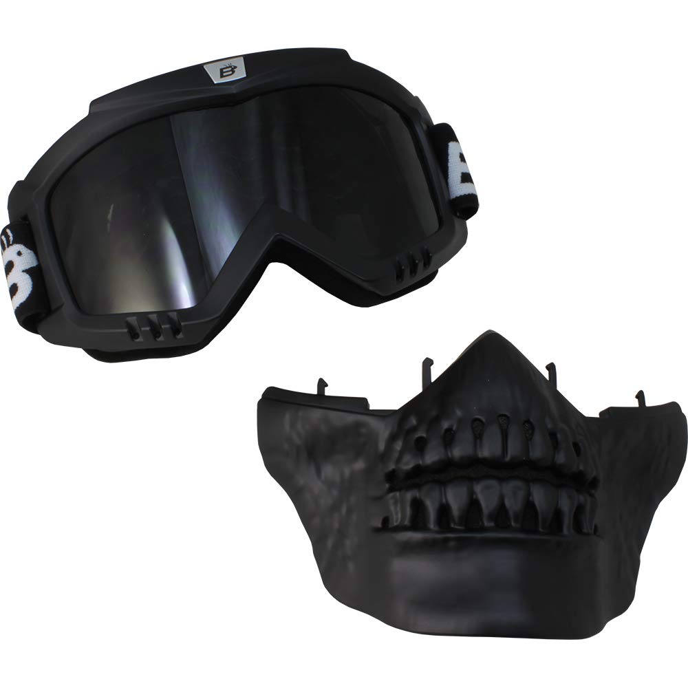 Birdz Eyewear Skullbird Black Padded ATV Motorcycle Riding Goggle with Face Mask Black with Yellow Lens