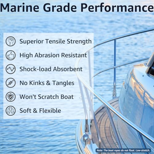 1/2 Inch x 15 Feet Boat Dock Lines 4-Pack Nylon Marine Ropes - Heavy Duty, Soft & Durable