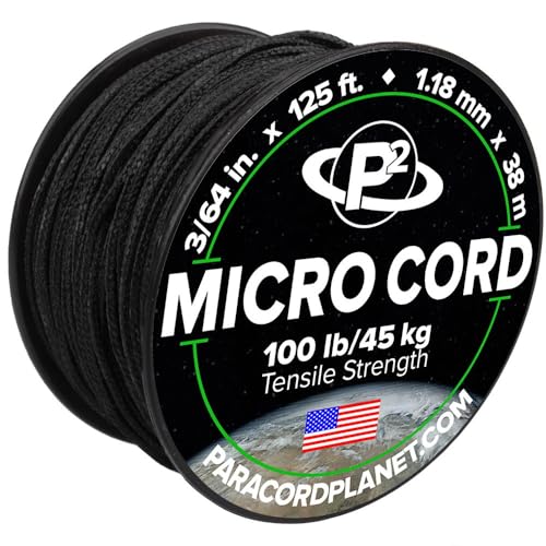 Micro Paracord 125 ft Spool - Thin Nylon Braided Cord for Crafting, Fishing, and Outdoor Use - Black